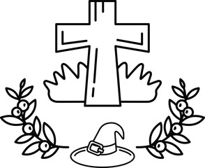 A cross is drawn in the center of a black and white drawing