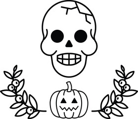 A skull with a pumpkin and leaves surrounding it