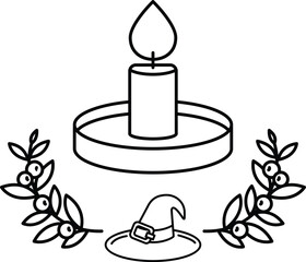 A candle is lit in a glass bowl with leaves and berries around it