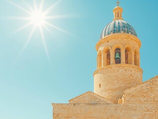 Obraz premium Sun shines on old church bell tower with dome against clear sky