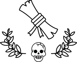 A skull is on a piece of paper with a rope tied to it