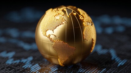 Golden Globe in the Spotlight: A radiant golden globe symbolizes global interconnectedness and economic power against a backdrop of financial data, evoking themes of finance, international business.