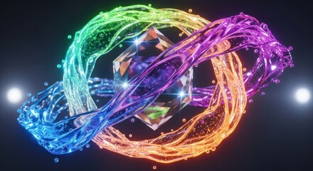 Prismatic water streams encircling a shimmering crystal object abstract rendering