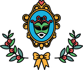 A black and white drawing of a mask with a bow and leaves