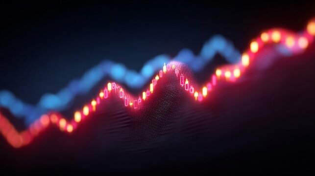 Financial Data Trends: A digital representation of stock market fluctuations and trends with blue and red graph, suggesting potential growth or decline in business.