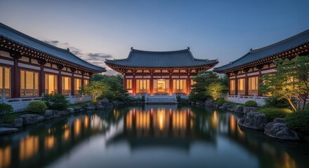 Obraz premium Harmonious blend of traditional architecture reflected in tranquil waters at twilight