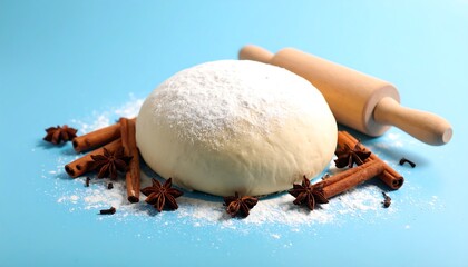 Dough ball, rolling pin, and spices on a blue background