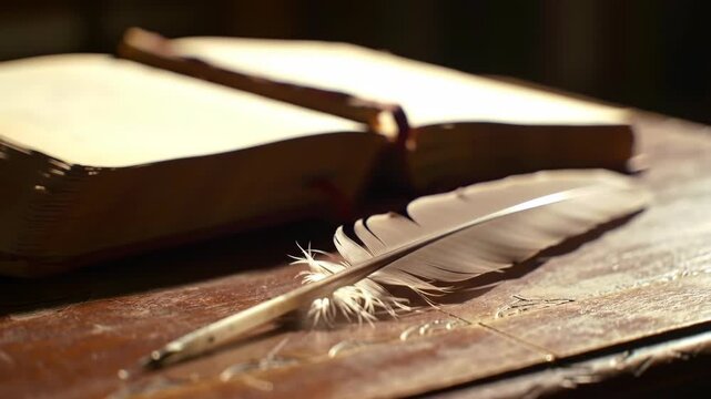 Open book and quill pen on aged wooden surface. Ancient manuscript, history, writing, antique, literature, education concept. Close up, soft focus.