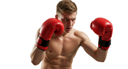Man Boxing with Red Gloves Posing Ready to Fight Isolated