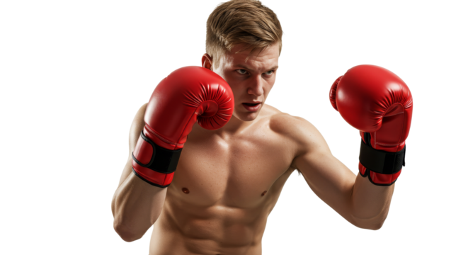 Man Boxing with Red Gloves Posing Ready to Fight Isolated