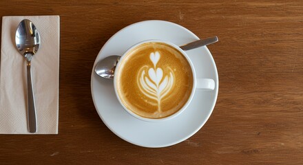 Obraz premium Top view of latte art coffee with spoon and napkin on wooden table