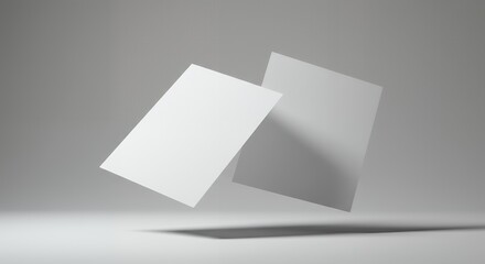 Two blank white paper sheets float against a gray background