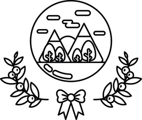 A mountain range is shown in the background of a drawing of a wreath