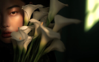 Floral lifestyle Concept. Asian woman half covered by white calla lilies lily flowers, in dim calm background. copy text space	
