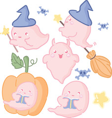 Spooky-cute ghosts, skulls, and Halloween clipart in kawaii style. Perfect for party invites, decor, stickers, and digital designs.