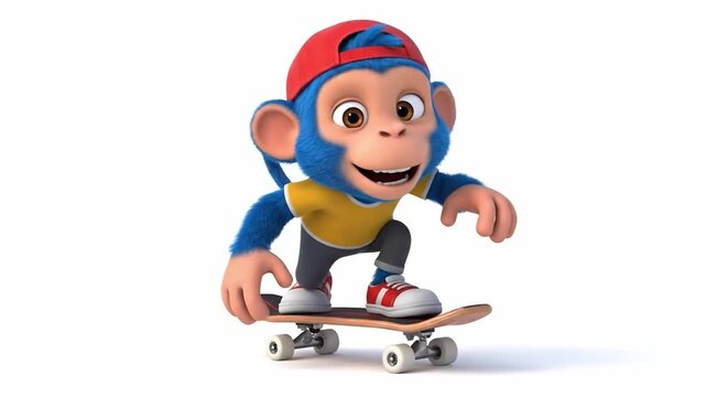 A fun-loving 3D cartoon monkey in a red cap and cool sneakers enjoys riding a skateboard on an isolated white background