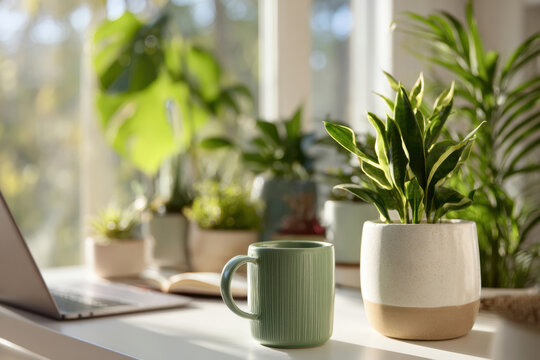 Cozy workspace with plants and a green mug