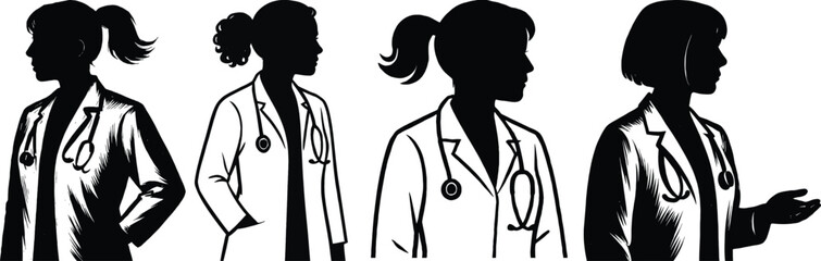 Female doctor silhouettes set featuring stethoscopes and lab coats for medical professions 
