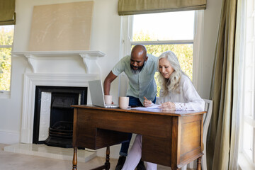 Elderly woman and African American man working together at home office desk