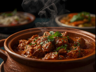 Top view of beef stew in red wine sauce with braised beef copy space Braised meat in cast iron pan 