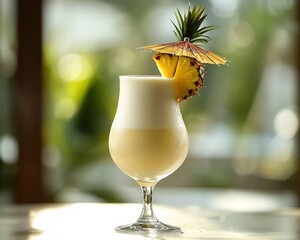 Tropical cocktail drink garnished with pineapple slice and paper umbrella