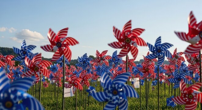 A field of numerous red and blue pinwheel windmills, spinning gently under a mostly clear blue sky.  Green grass and a distant hillside are visible