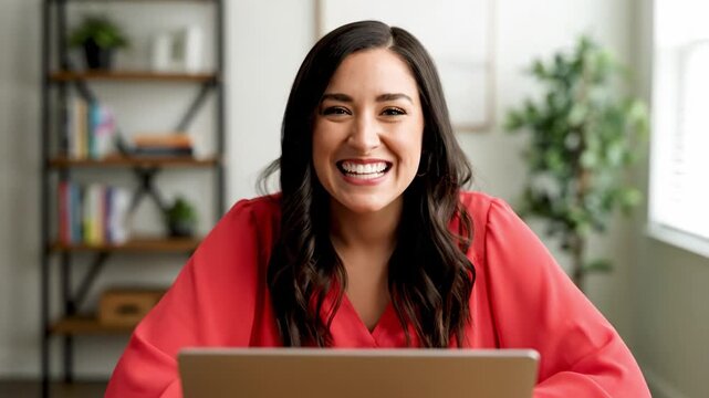Portrait of happy professional hispanic woman, confident businesswoman laughing during remote video call while presenting webinar from comfortable home office