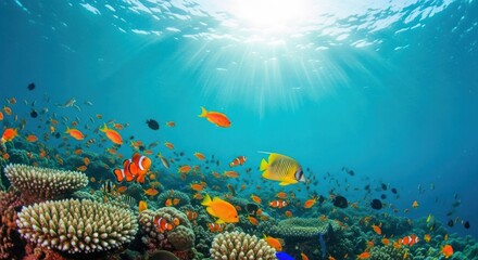 Fototapeta premium Underwater reef teeming with colorful fish, sun rays shining through water