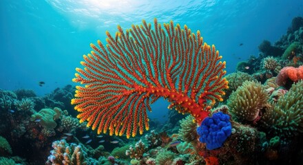 Vibrant coral reef scene with a large, orange sea fan and blue sponge