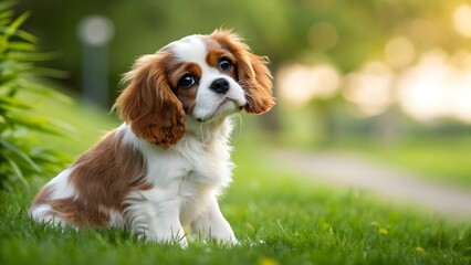 Adorable Cavalier King Charles Spaniel Puppy Sitting on Grass in Park