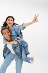 Fototapeta premium Exciting adventures of stylish friends enjoying a playful moment together in casual outfits