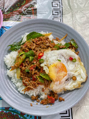 Rice topped with stir-fried pork and basil, Rice topped with stir fried minced pork and basil with Fried egg	
