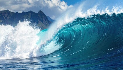 Majestic Ocean Wave Crashing with Towering Cliffs in Background Under Bright Daylight at Tropical Island