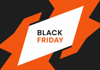 Bold Black Friday Sale Announcement with Orange and White Geometric Design.