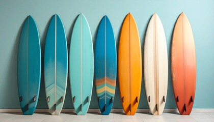 Five upright surfboards with distinct designs—turquoise, teal, orange, striped, and gradient—evoke individuality, rhythm, and readiness. A minimalist metaphor for identity and the choreography of pois