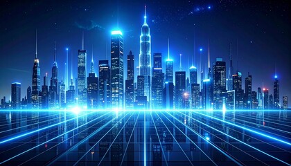 A glowing cyberpunk city rises from a digital grid—blue-lit towers, luminous data veins, and shadowed depth. A metaphor for synthetic ambition and the choreography of urban futurism.