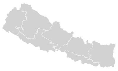 Grey with White Outline Nepal Map with District Borders Asian Country