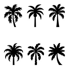 Fototapeta premium Collection of Six Black Silhouette Palm Trees on White Background