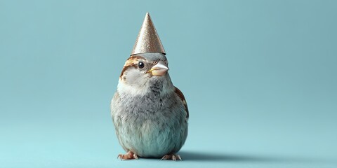Bird in tiny party hat on pastel blue background. Cute surreal portrait radiates whimsical new year joy.
