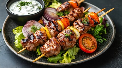 Grilled souvlaki skewers salad and tzatziki sauce on plate