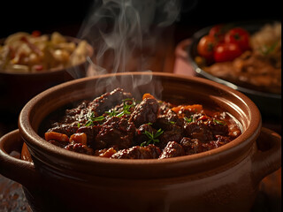 Top view of braised  beef braised  stew in red wine sauce with braised beef  copy space Braised meat in cast iron pan