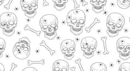 Seamless pattern of skulls and bones, creating a spooky and macabre design for halloween or gothic themes