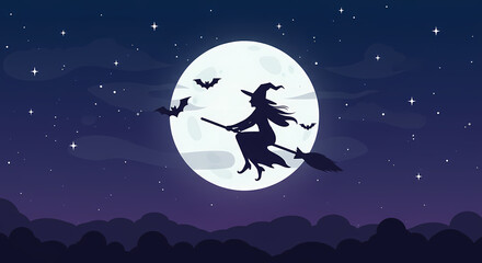 Fototapeta premium Halloween background with the silhouette of a witch flying past the full moon with bats under a starry sky