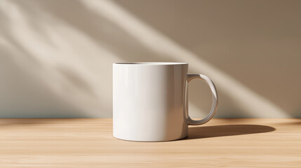 Elegant White Mug Mockup with Natural Light and Wood Surface Presentation