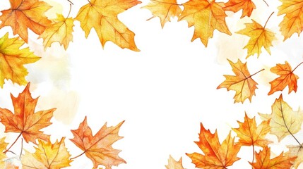 58.A collection of watercolor-painted autumn foliage, with yellow and orange maple leaves forming a border. The soft, translucent strokes of the watercolor allow the vibrant colors of the leaves to