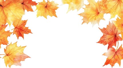 58.A collection of watercolor-painted autumn foliage, with yellow and orange maple leaves forming a border. The soft, translucent strokes of the watercolor allow the vibrant colors of the leaves to