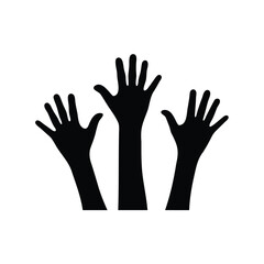 Three raised hands in silhouette representing unity, participation and expression