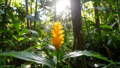 Sunlit, yellow, cone-shaped tropical flower amidst lush green foliage in a vibrant rainforest setting