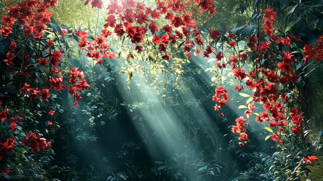 Sunlit Forest Canopy with Vibrant Red Flowers and Mystical Light.