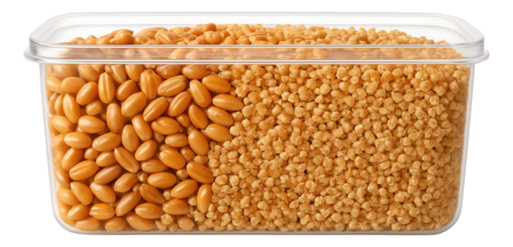 Spinach salad mix in a transparent plastic clamshell, with a variety of leaf shapes and shades of green.